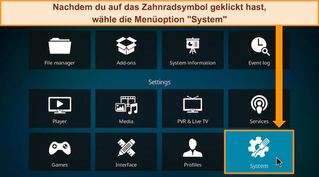 Bild des Systembildschirms von Kodi mit den verschiedenen Optionen und der Weiterleitung des Benutzers zum Menü „System“.