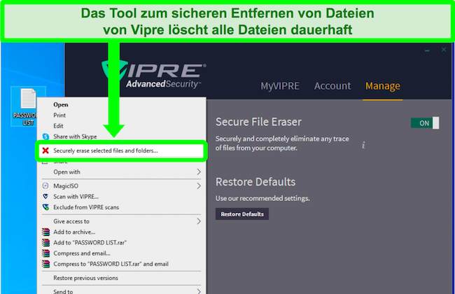Screenshot des sicheren Dateilöschtools von Vipre