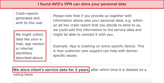 Screenshot of AVG VPN's privacy policy
