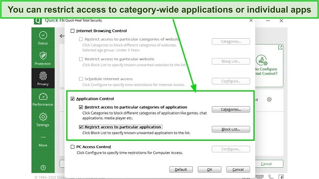 Screenshot of Quick Heal parental control settings