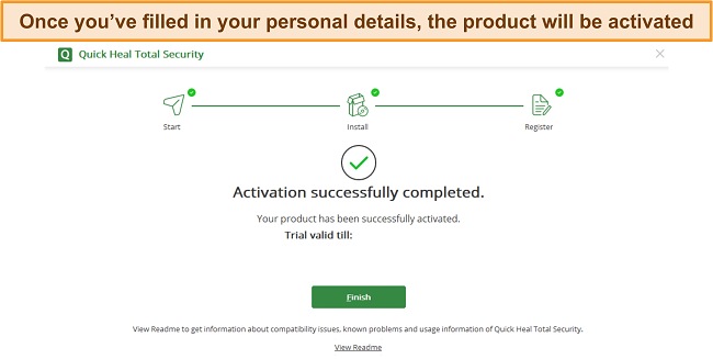 Screenshot of Quick Heal activation page