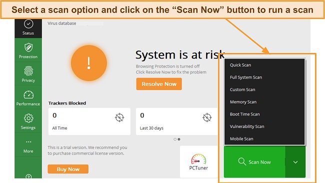 Screenshot of Quick Heal scan options