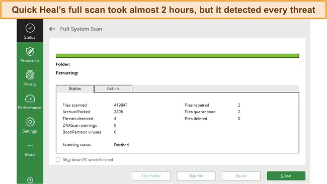 Screenshot of Quick Heal's full scan results page