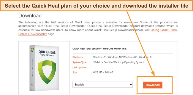 Screenshot of Quick Heal app download page