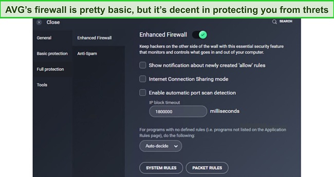 While AVG's firewall offers decent protection, it falls short in terms of advanced features