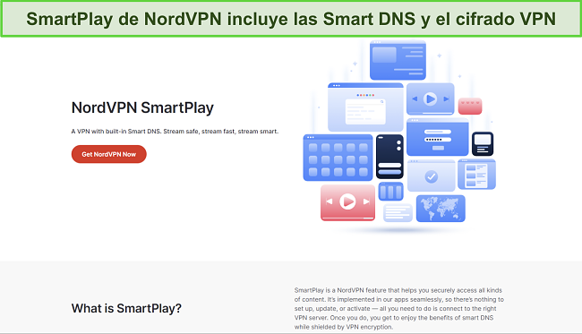Imagen del sitio web de NordVPN publicitando y describiendo la función SmartPlay