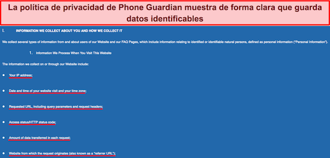 Captura de pantalla de la política de privacidad de Phone Guardian
