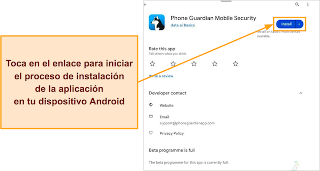 Captura de pantalla del proceso de instalación de Phone Guardian VPN para la aplicación de Android