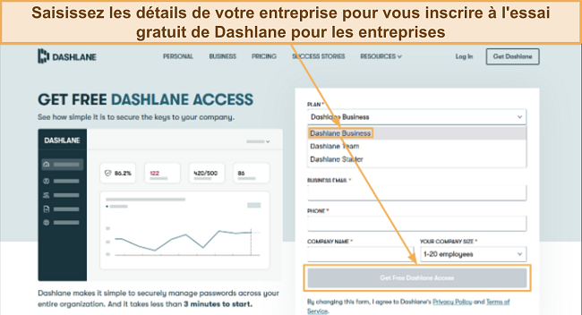 Capture d'écran montrant comment s'inscrire à l'essai gratuit de Dashlane pour les entreprises