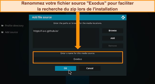 Capture d'écran du gestionnaire de fichiers de Kodi, invitant l'utilisateur à saisir un nom mémorable pour le fichier source afin d'en faciliter l'accès lors de l'installation.