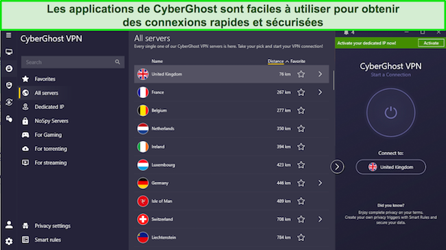 Image de l'application Windows de CyberGhost montrant l'interface de l'application pour mettre en évidence sa facilité d'utilisation.