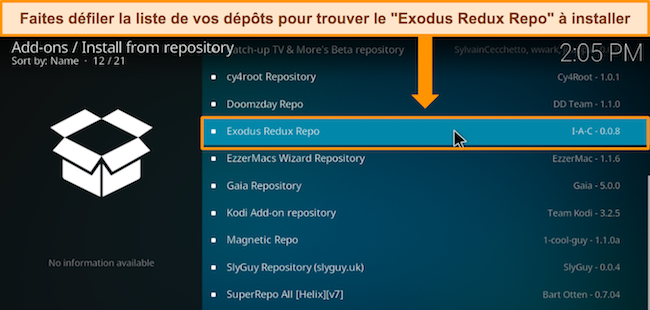 Image du menu du référentiel Kodi, invitant l'utilisateur à rechercher le dépôt Exodus Redux à installer à partir du référentiel.