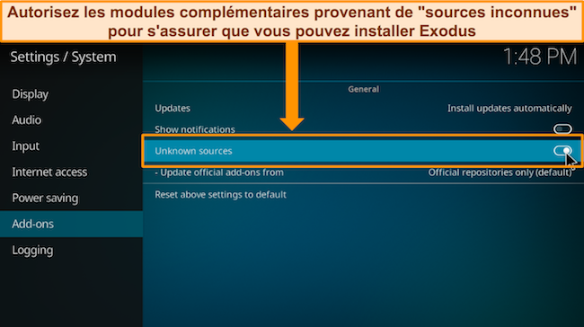 Image du menu Paramètres/Système de Kodi, mettant en évidence l'option « Sources inconnues » et demandant aux utilisateurs de l'activer.