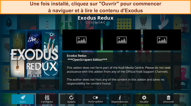 Capture d'écran du module complémentaire Exodus Redux Kodi prêt à être utilisé après l'installation.