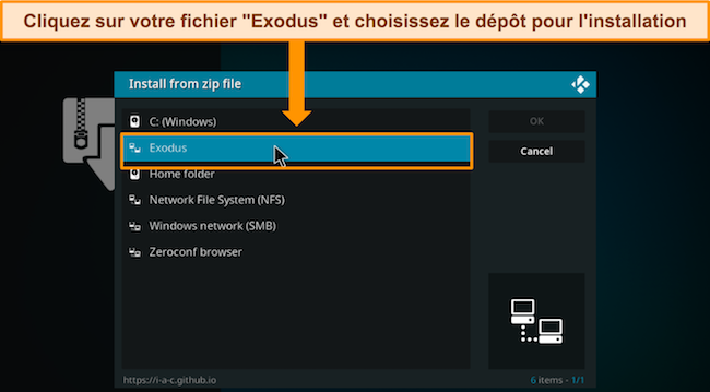 Capture d'écran d'Exodus sur Kodi.