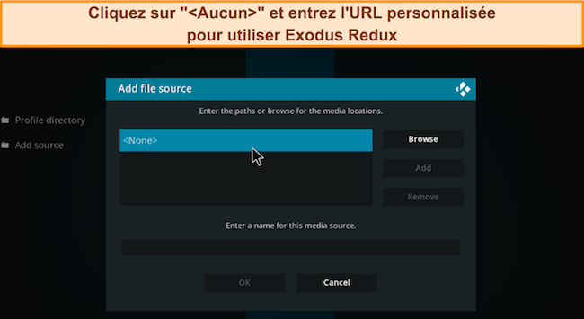Image de l'option Kodi « Ajouter une source », invitant les utilisateurs à cliquer sur « Aucun » pour saisir une URL personnalisée.