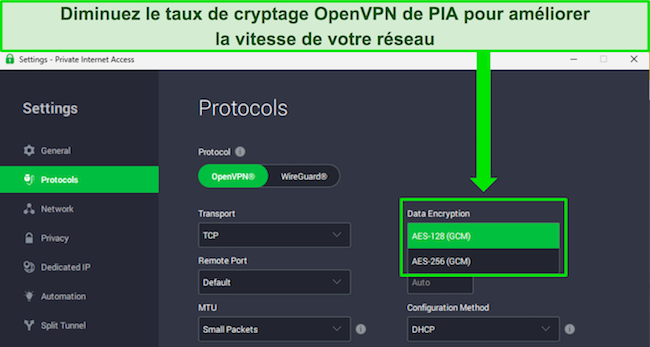 Image de l'application Windows de PIA, montrant le menu des protocoles et comment réduire les niveaux de cryptage pour le protocole OpenVPN.