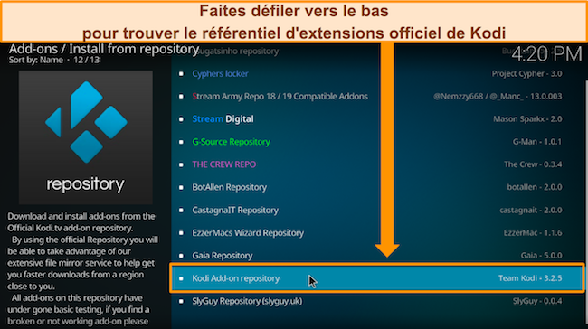Capture d'&eacute;cran de Kodi montrant o&ugrave; se trouve le r&eacute;f&eacute;rentiel officiel des modules compl&eacute;mentaires Kodi.