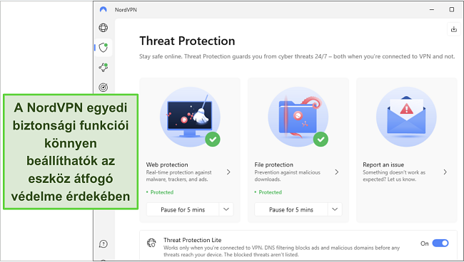 Képernyőkép a NordVPN Windows alkalmazásáról, amelyen a Fenyegetés Védelem funkció be van kapcsolva