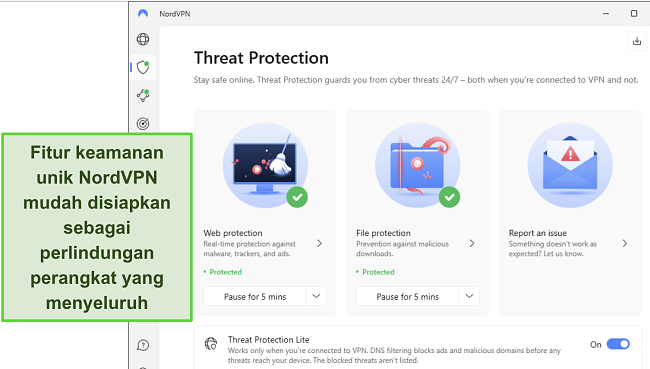 Tangkapan layar aplikasi NordVPN di Windows, menunjukkan fitur Proteksi Ancaman diaktifkan