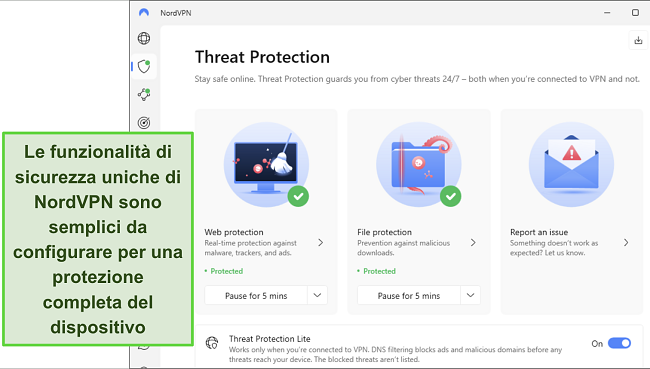 Screenshot dell'app di NordVPN per Windows, che mostra la funzione Protezione da minacce attivata