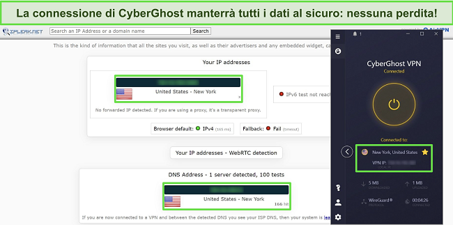 Screenshot del test di perdita IP con CyberGhost connesso a un server USA, che mostra nessuna perdita di dati