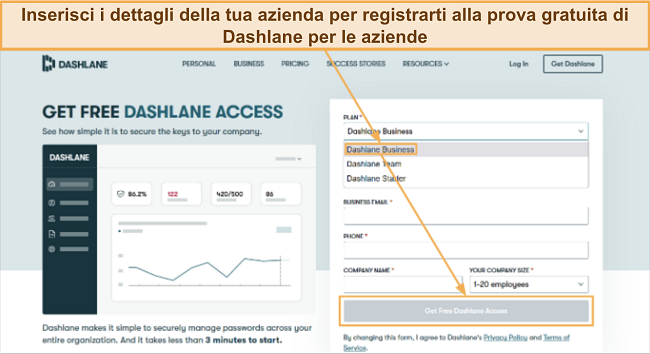 Screenshot che mostra come registrarsi per la prova gratuita di Dashlane per le aziende