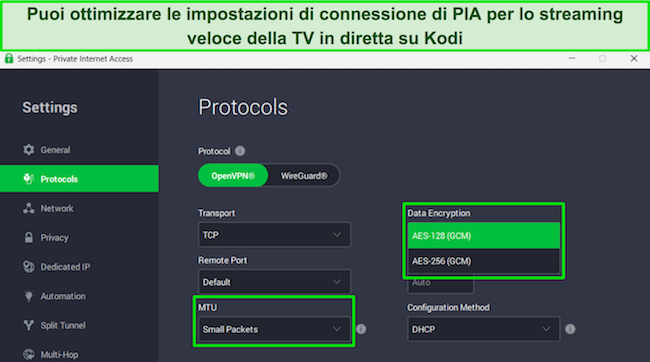 L'app Windows di PIA, che mostra le impostazioni dei protocolli ed evidenzia la crittografia dei dati e gli elementi MTU.