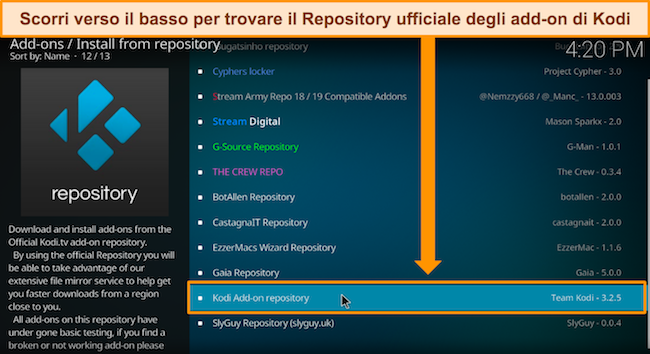 Screenshot di Kodi che mostra dove si trova il repository ufficiale dei componenti aggiuntivi Kodi.
