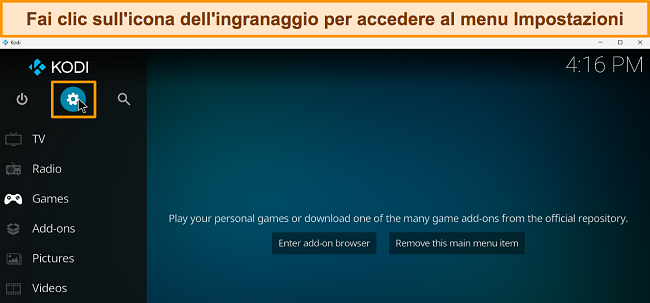 Screenshot di Kodi con l'icona dell'ingranaggio evidenziata.