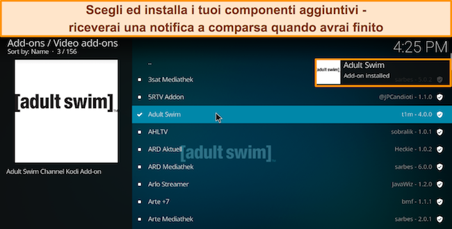 Screenshot che mostra i vari componenti aggiuntivi, con Adult Swim evidenziato e installato.