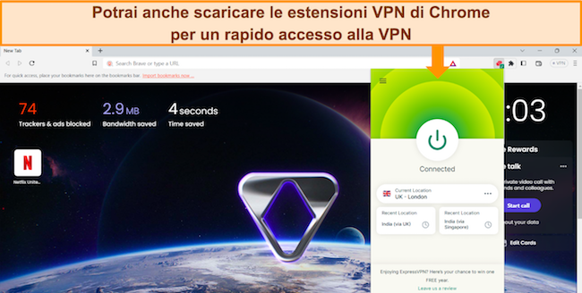 Immagine del browser Brave aperto in una nuova scheda, con l'estensione del browser Chrome di ExpressVPN connessa a un server Regno Unito – Londra.