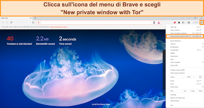 Screenshot del browser Brave con il menu aperto ed evidenziato "Nuova finestra privata con Tor".