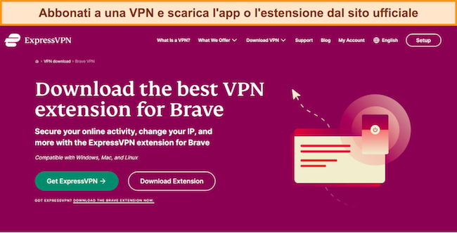 Screenshot della pagina web di ExpressVPN che descrive in dettaglio l'estensione disponibile e la compatibilità con il browser Brave.