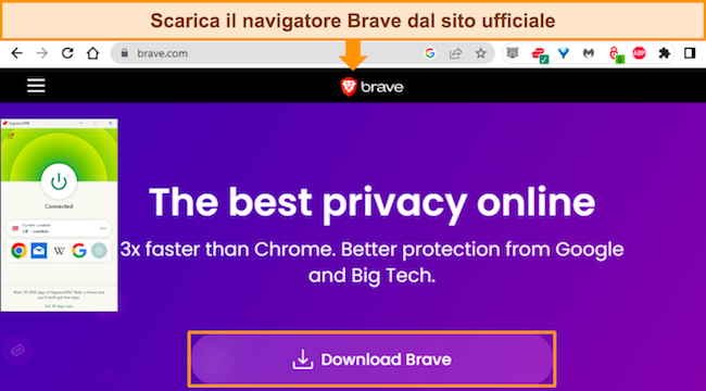 Screenshot della pagina web del browser Brave che evidenzia il pulsante di download, con ExpressVPN connesso a un server Regno Unito – Londra.