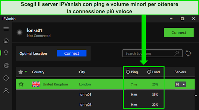 Immagine dell'app Windows di IPVanish, che mostra i server Regno Unito-Londra ed evidenzia il ping basso e il carico utente per scegliere la connessione più veloce.