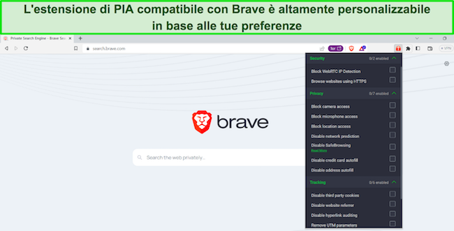 Immagine del browser Brave con l'estensione del browser PIA aperta, che mostra le numerose opzioni di sicurezza, privacy e tracciamento disponibili per la personalizzazione.