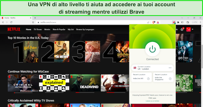 Immagine del browser Brave che mostra le scelte di contenuti Netflix del Regno Unito, con l'estensione del browser di ExpressVPN connessa a un server del Regno Unito.
