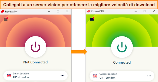 Immagini dell'app Windows di ExpressVPN sia disconnessa che connessa a un server Regno Unito - Londra.