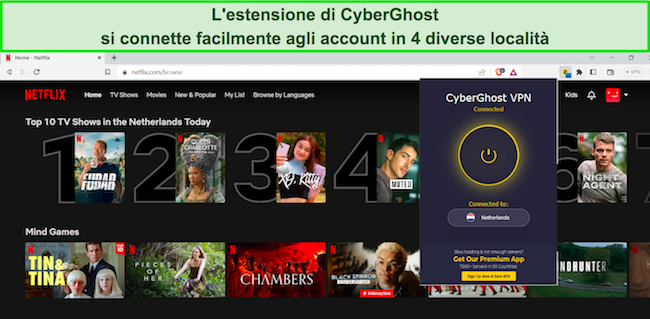 Immagine dell'estensione proxy di CyberGhost connessa a un server nei Paesi Bassi, con Netflix Paesi Bassi disponibile nel browser Brave
