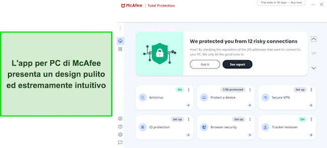 Screenshot dell'interfaccia utente dell'app Windows di McAfee