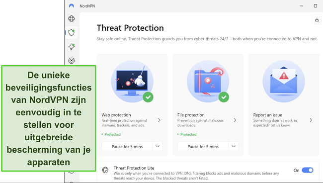 Schermafbeelding van NordVPN's Windows-app, met de ingeschakelde Threat Protection-functie