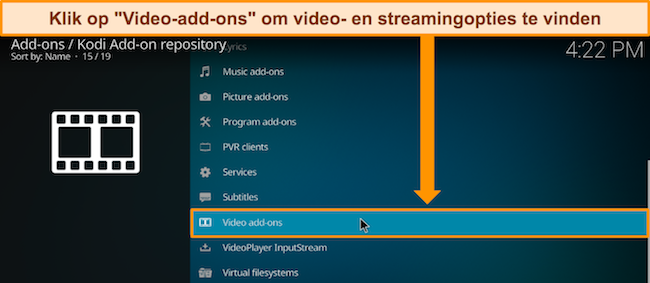 Schermafbeelding met de optie "Video-add-ons" in de officiële Kodi-repository.
