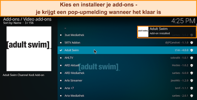 Schermafbeelding van de verschillende add-ons, waarbij Adult Swim gemarkeerd en geïnstalleerd is.