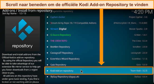 Schermafbeelding van Kodi die laat zien waar de officiële Kodi-add-on-repository is.