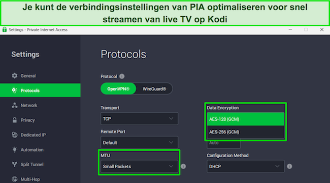 PIA's Windows-app, die de protocolinstellingen toont en gegevensversleuteling en MTU-items benadrukt.