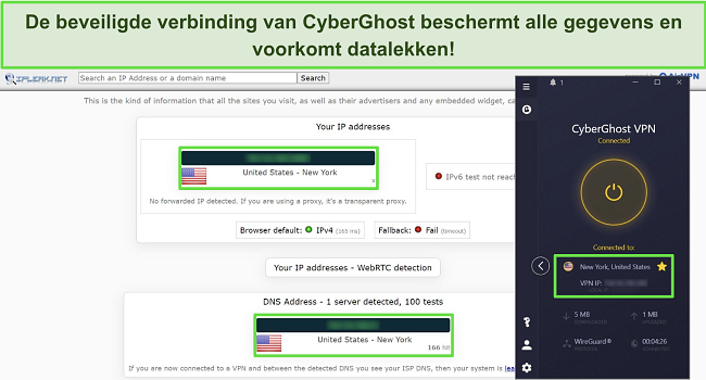 Schermafbeelding van IP lektest met CyberGhost verbonden met een Amerikaanse server, toont geen datalekken