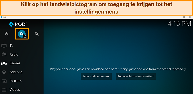 Schermafbeelding van Kodi met het tandwielpictogram gemarkeerd.