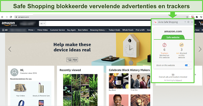 Screenshot van Avira's Safe Shopping-browserextensie op Google Chrome.