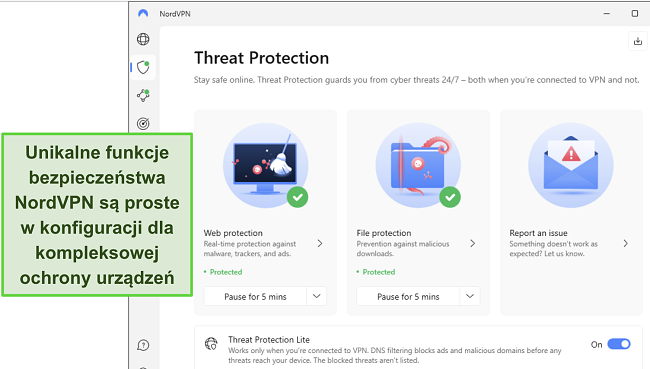 Zrzut ekranu z aplikacji NordVPN na Windowsa, pokazujący włączoną funkcję ochrony przed zagrożeniami